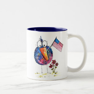 Tasse 2 Couleurs Oiseau patriotique blanc mignon avec drapeau