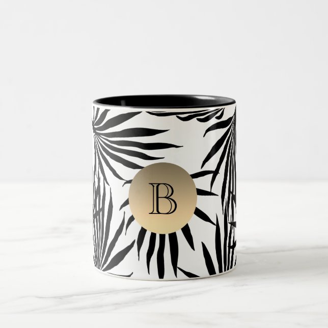 Tasse 2 Couleurs Palmier tropical Noir Blanc Or Monogramme (Centre)