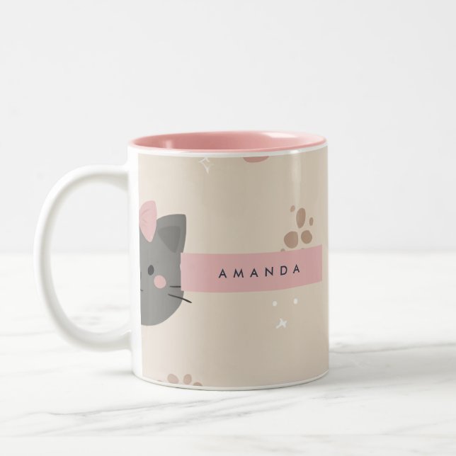 Tasse 2 Couleurs Pastel personnalisé Kawaii Chat Motif visage (Gauche)