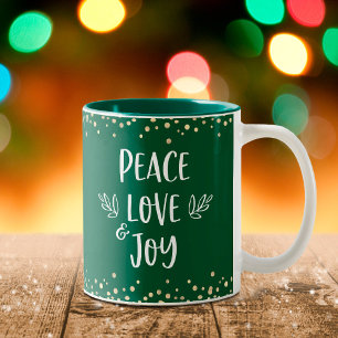 Tasse 2 Couleurs Peace Love Joy Typographie moderne Dots d'or Vert