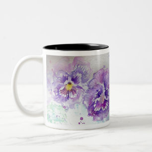 Tasse 2 Couleurs Peinture à l'aquarelle florale de Pansy violet