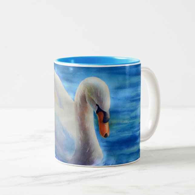 Tasse 2 Couleurs Peinture d'aquarelle de cygne blanc, sauvagine, oi (Devant droit)