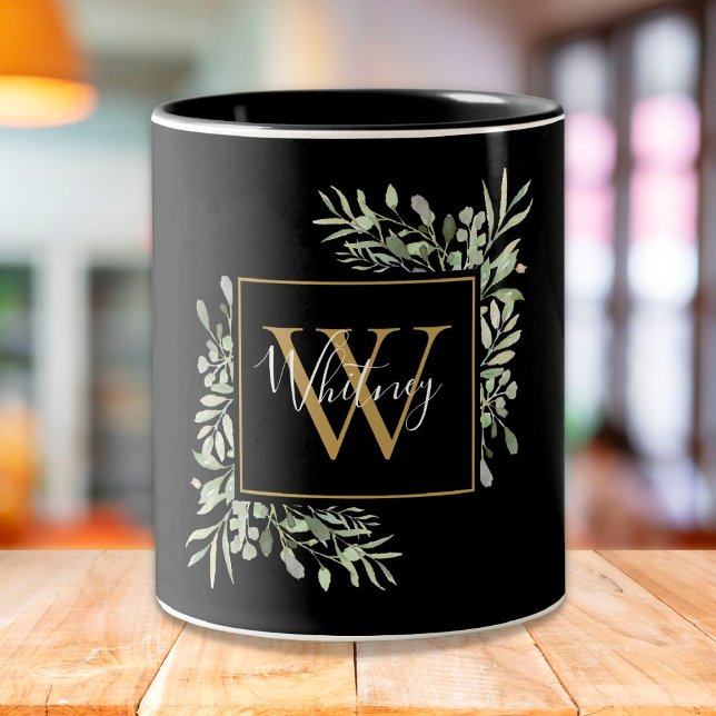 Tasse 2 Couleurs Personalized Black Gold Monogram Greenery Floral (Créateur téléchargé)