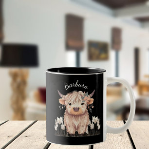 Tasse 2 Couleurs Personnalisé Prénom Modern Cute Boho Highland Cow