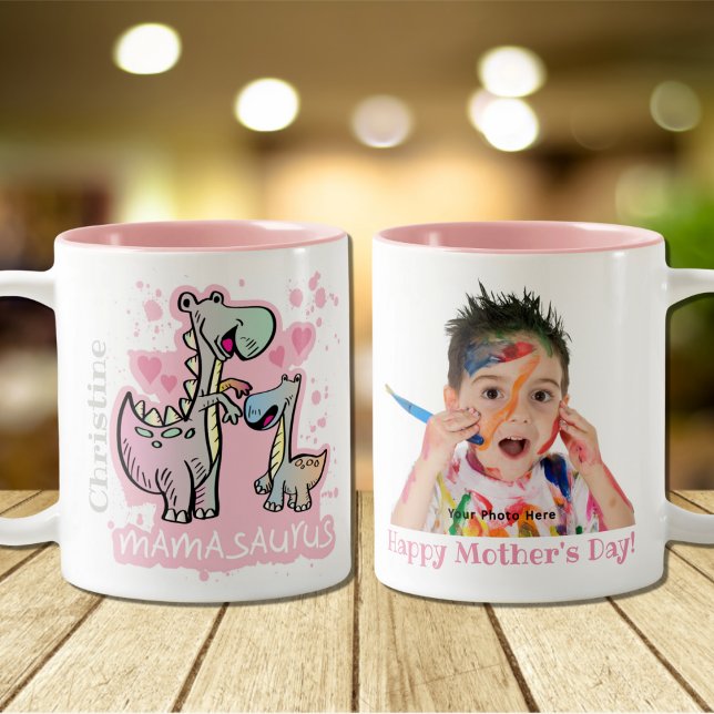 Tasse 2 Couleurs Photo personnalisée de Mama Saurus Happy Mother's  (Créateur téléchargé)