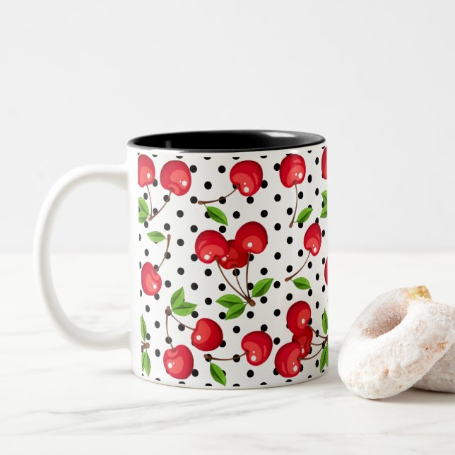 Tasse 2 Couleurs Pois Rockabilly Cherries en blanc (Avec donut)