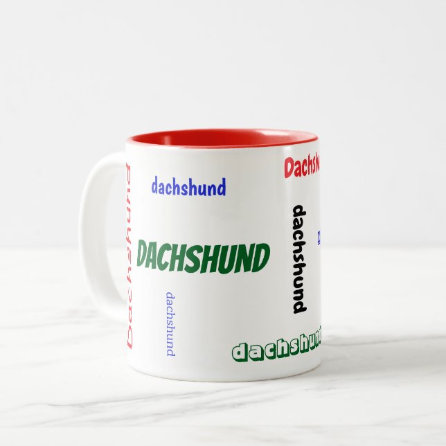 Tasse 2 Couleurs Police couleur de Noël Dachshund (Devant gauche)