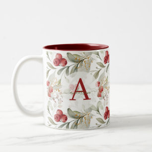 Tasse 2 Couleurs Rameaux de Canneberge aux Baies Rouges Monogrammés