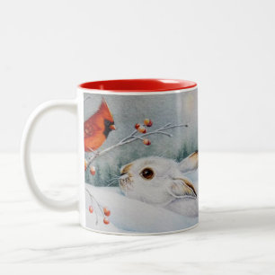 Tasse 2 Couleurs Raquette à neige Rabbit & Red Cardinal Bird Aquare