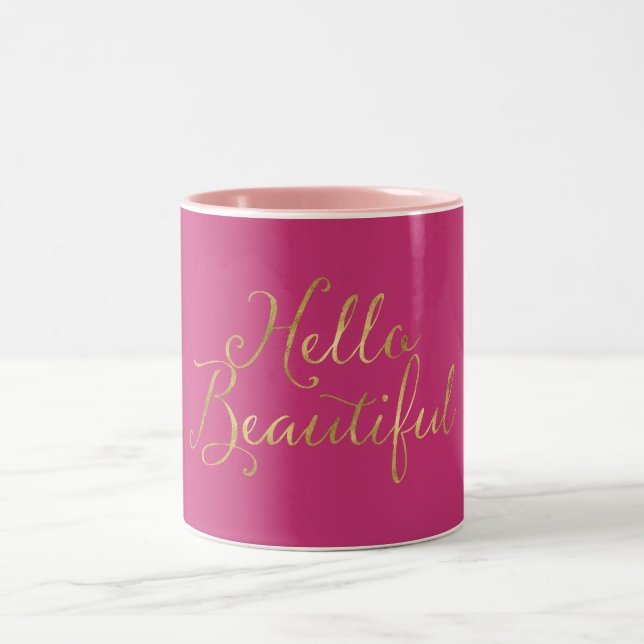 Tasse 2 Couleurs Rose d'or bonjour beau (Centre)