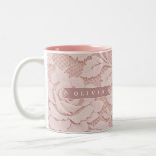 Tasse 2 Couleurs Rose personnalisé en dentelle fleurie romantique
