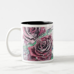 Tasse 2 Couleurs Rose rouge Fleurs d'aquarelle peinture florale