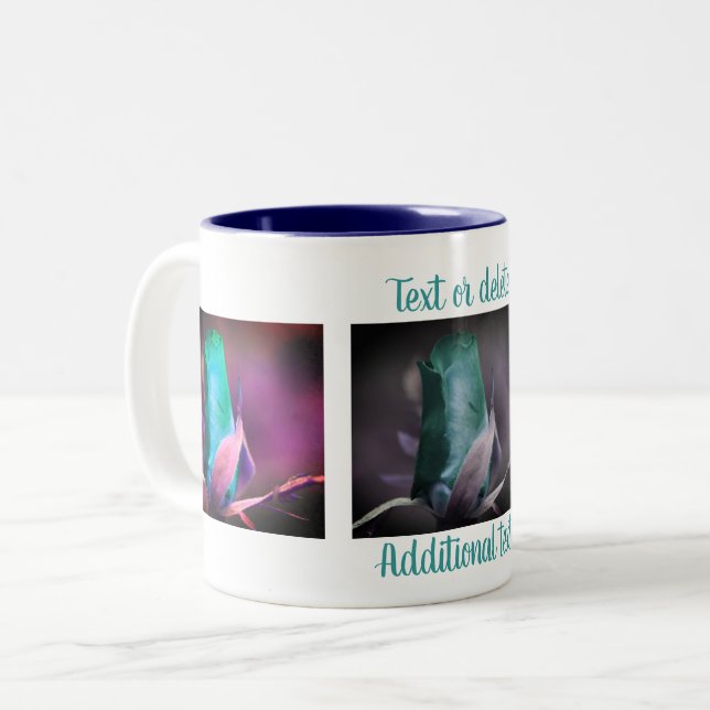 Tasse 2 Couleurs Rosebud Turquoise Fleur Art Personnalisé (Devant gauche)