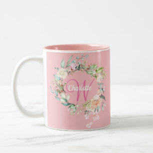 Tasse 2 Couleurs Roses Floral Élégant Monogramme Rose