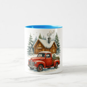 Tasse 2 Couleurs Rouge Rétro Camionnette de Noël - Hiver Vintage