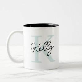 Tasse 2 Couleurs Script de Monogramme bleu aquatique moderne