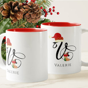 Tasse 2 Couleurs Script élégant Monogramme moderne Initiale V Noël