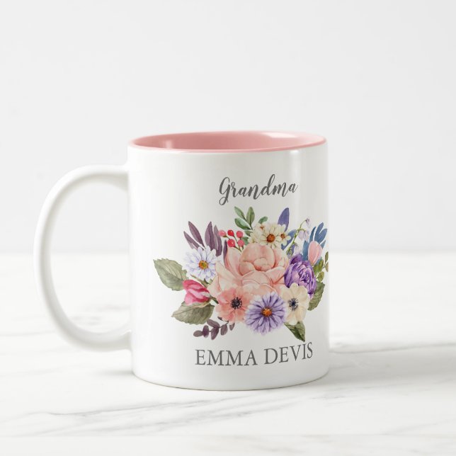 Tasse 2 Couleurs Script floral d'aquarelle élégant grand-mère (Gauche)