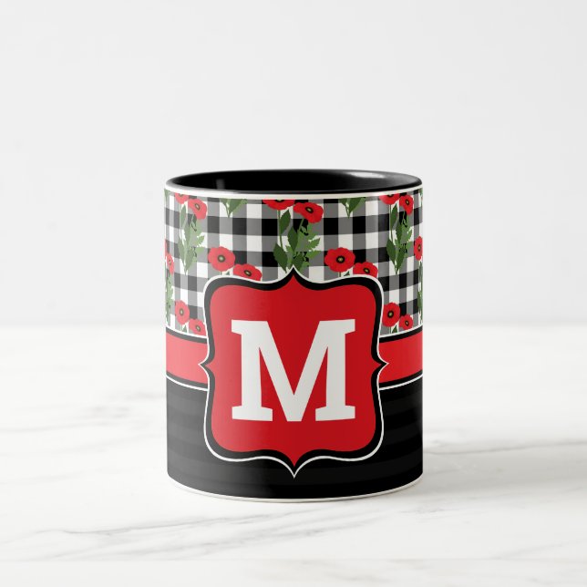 Tasse 2 Couleurs Shabby Chic Rouge, Noir & Blanc Poppies Monogramme (Centre)