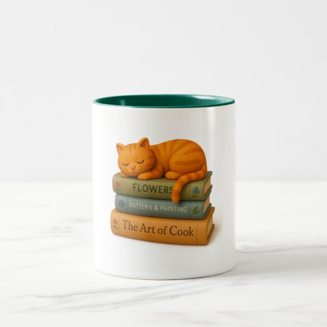 Tasse 2 Couleurs Sleeping Cat on Books. (Centre)