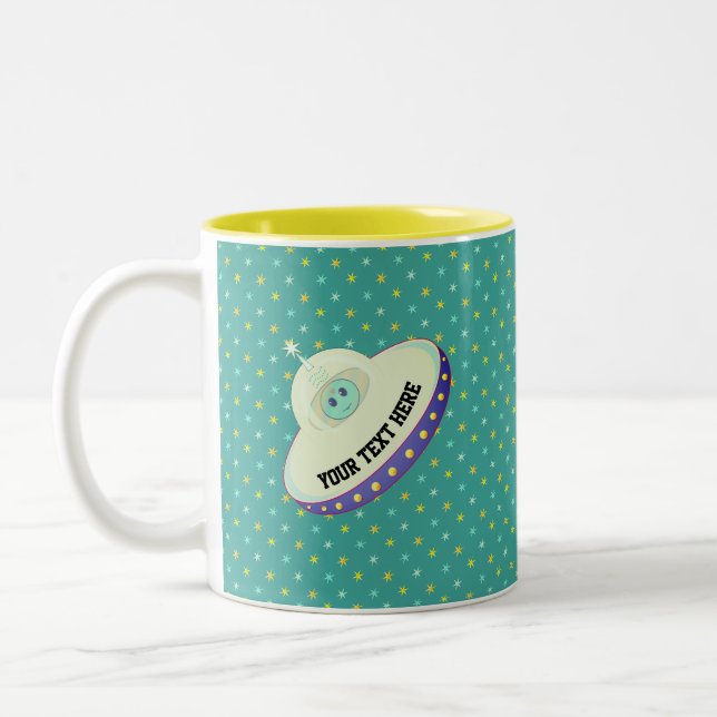Tasse 2 Couleurs Soucoupe volante moderne & étoiles sur turquoise (Gauche)