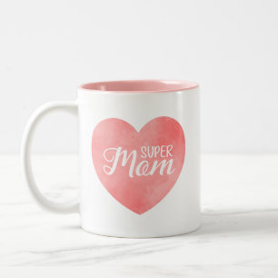 Tasse 2 Couleurs Super Maman texte dans le coeur rose peint