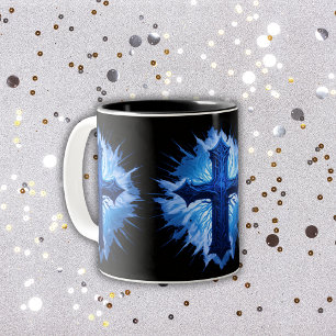 Tasse 2 Couleurs Superbe Croix Bleue Chrétienne sur noir  