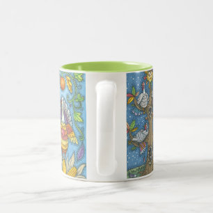 TASSE 2 COULEURS THANKSGIVING COLLECTION 3 ILLUSTRATIONS TURQUIE MU