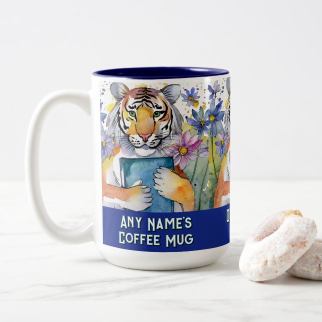 Tasse 2 Couleurs Tiger Holding Big Book | Any Name | Slogan (Avec donut)