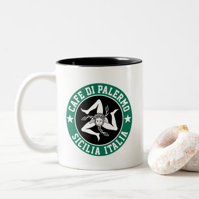 Tasse 2 Couleurs Trinacria sicilienne, votre texte (Avec donut)