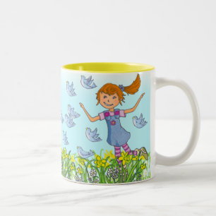 Tasse 2 Couleurs Une fille de printemps pourchassant des oiseaux ta