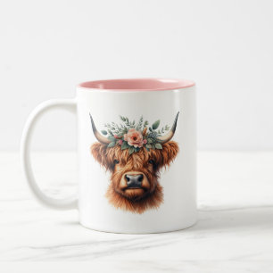 Tasse 2 Couleurs Vache Florale Highland Avec Fleurs