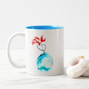 Tasse 2 Couleurs Vase bleu Ikebana aquarelle