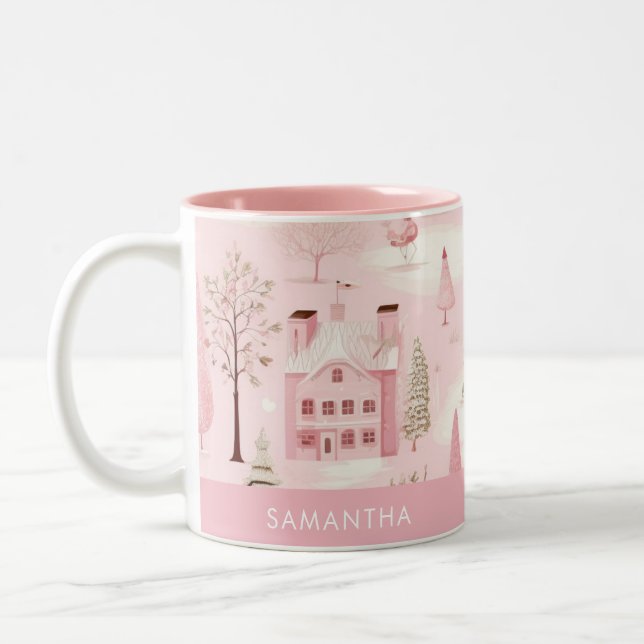 Tasse 2 Couleurs Village rose Musique de Noël d'hiver (Gauche)
