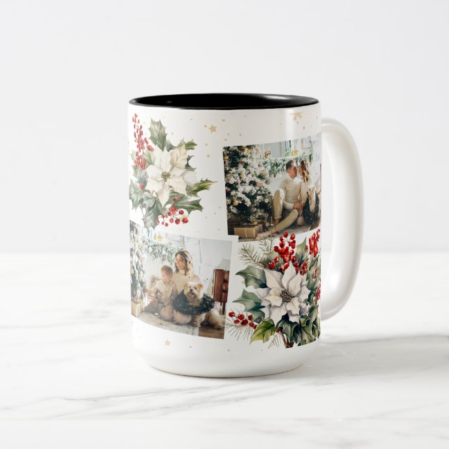 Tasse 2 Couleurs White Poinsettia Holly Red Berries Photo Noël (Devant droit)