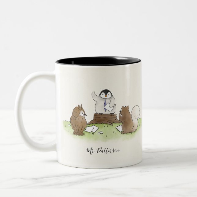 Tasse 2 Couleurs Woodland Penguin Enseignant École Nom personnalisé (Gauche)