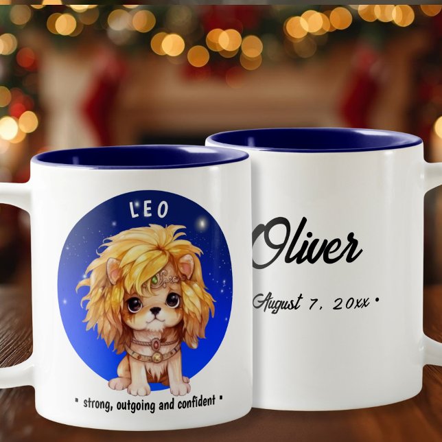 Tasse 2 Couleurs Zodiac Leo date du nom personnalisé (Zodiac Leo custom name date Two-Tone Coffee Mug)