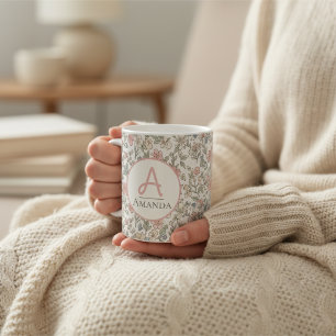 Tasse à café avec initiale de nom et fleurs pastel
