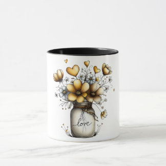 Tasse à café avec pot mason rempli de fleurs