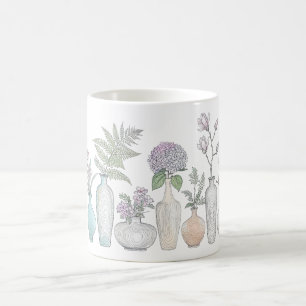 Tasse à café avec vase de fleurs en ligne botaniqu