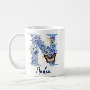 Tasse à café bleu floral monogrammé 11 oz