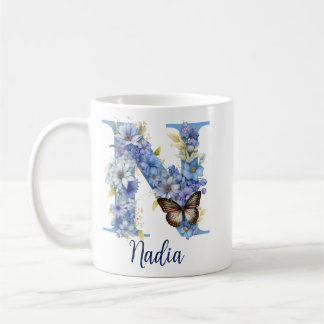 Tasse à café bleu floral monogrammé 11 oz