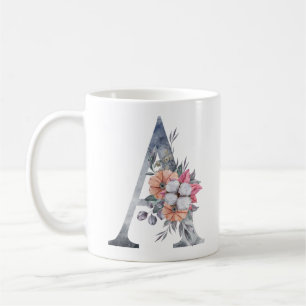 Tasse à café en aquarelle bleue florale Monogramme