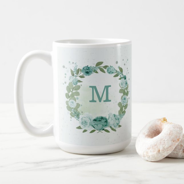 tasse à café fleurs bleues romantiques verdure (Avec donut)