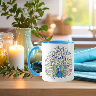Tasse à café personnalisée au paon floral aquarell