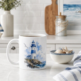 Tasse à café Phare Bleu et Blanc Aquarelle