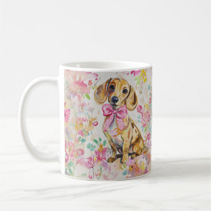 Tasse à café teckel à l'aquarelle Fleurs roses