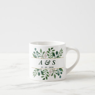 Tasse à expresso de mariage florale verte et blanc