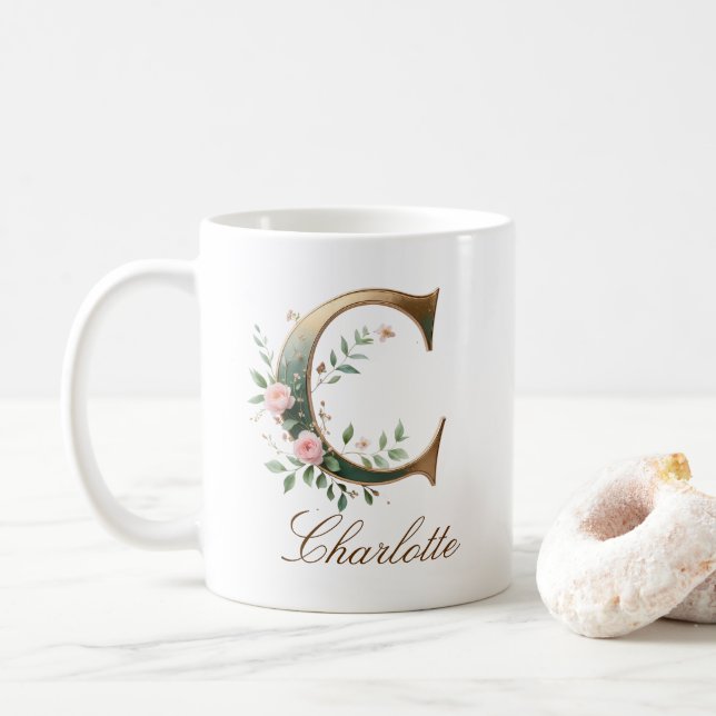 Tasse à monogramme lettre C florale or élégant (Avec donut)