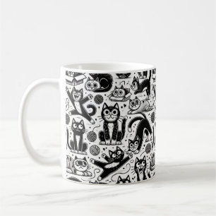 Tasse à motif de chat noir et blanc drôle 